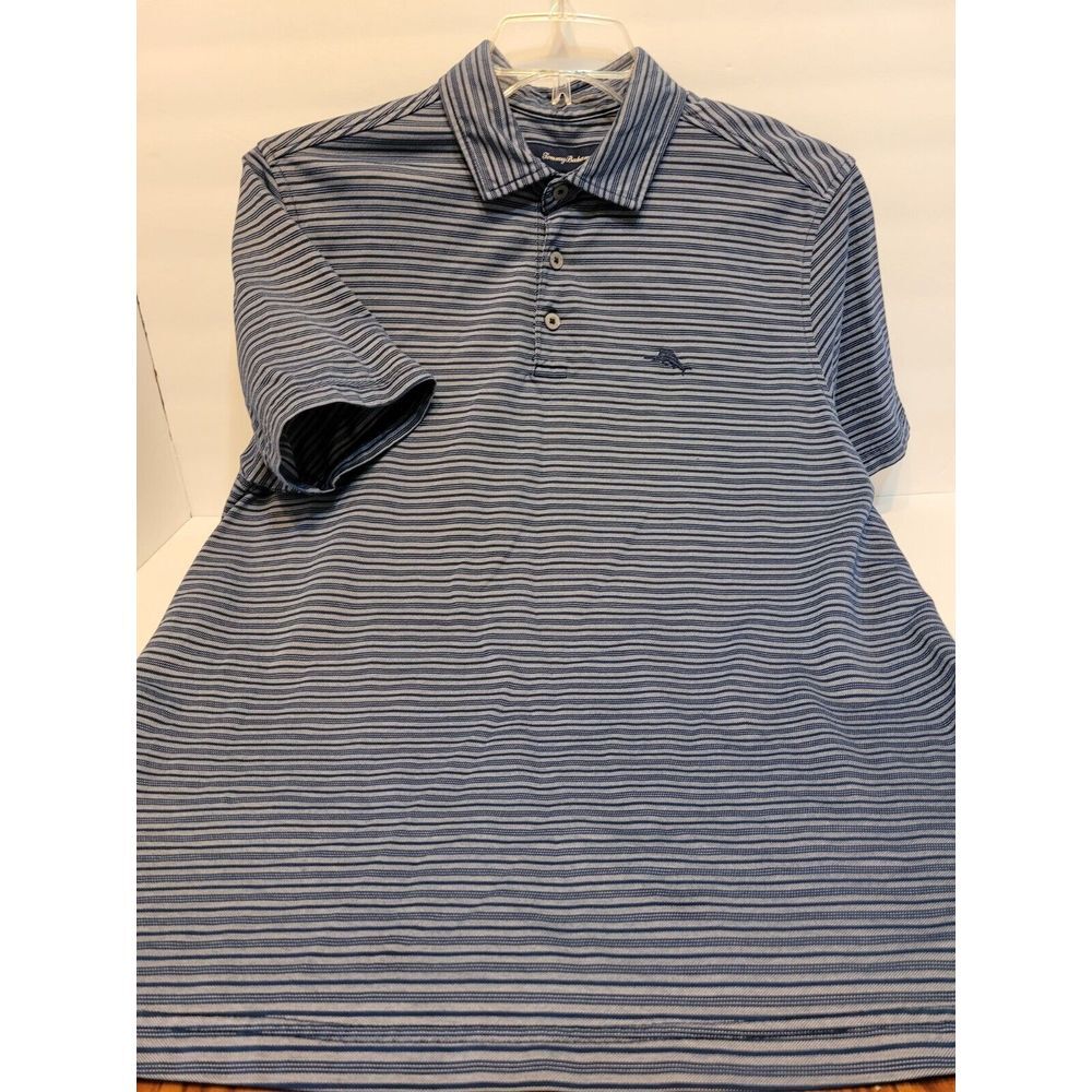 Tommy Bahama Blue‎ White Striped Pima Cotton Golf Polo Shirt Size Medium